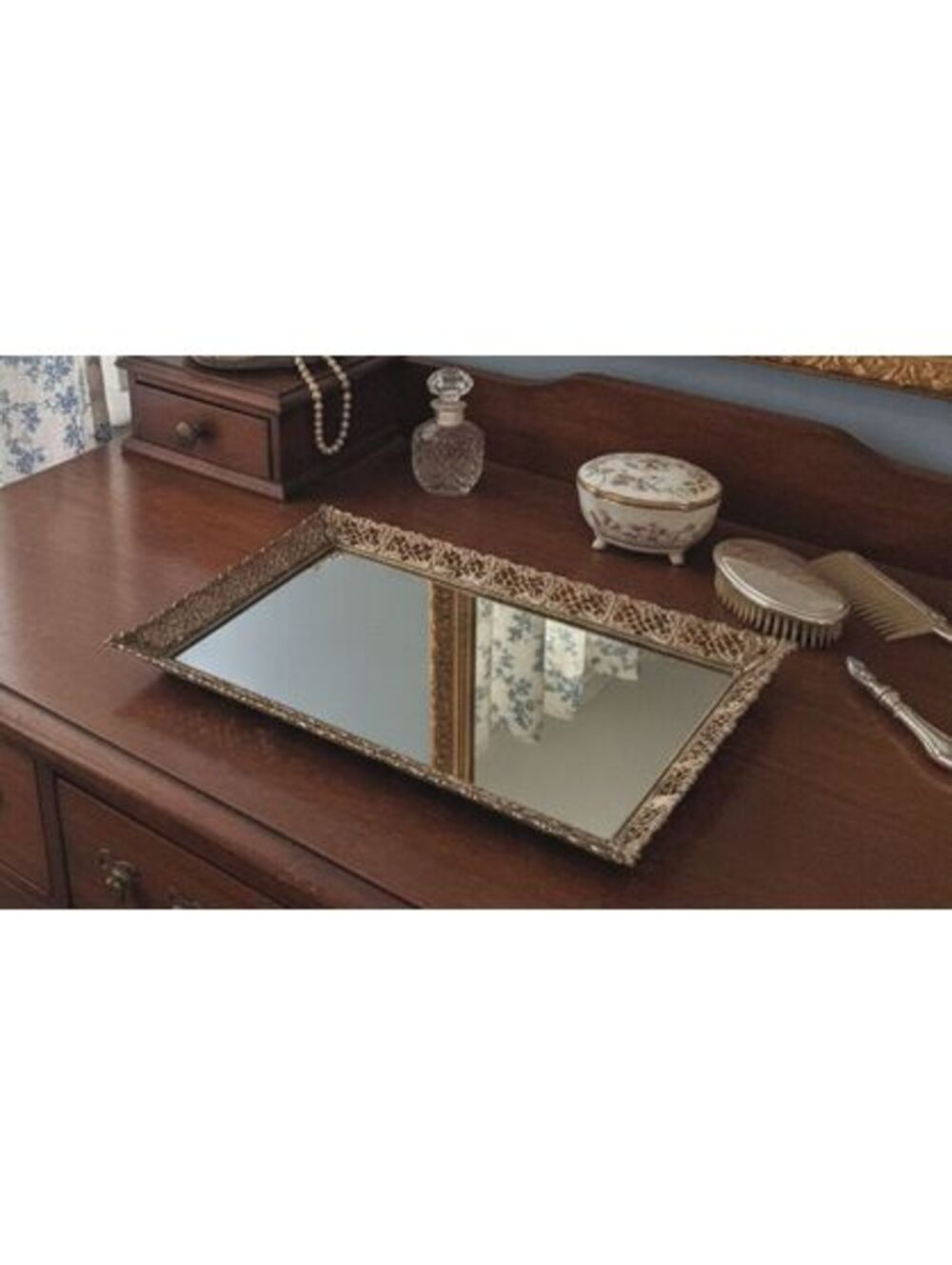 Vintage Silver Filigree Mirror/Vanity Tray- Dressing Table or Wall 15.5"x 10.5"
